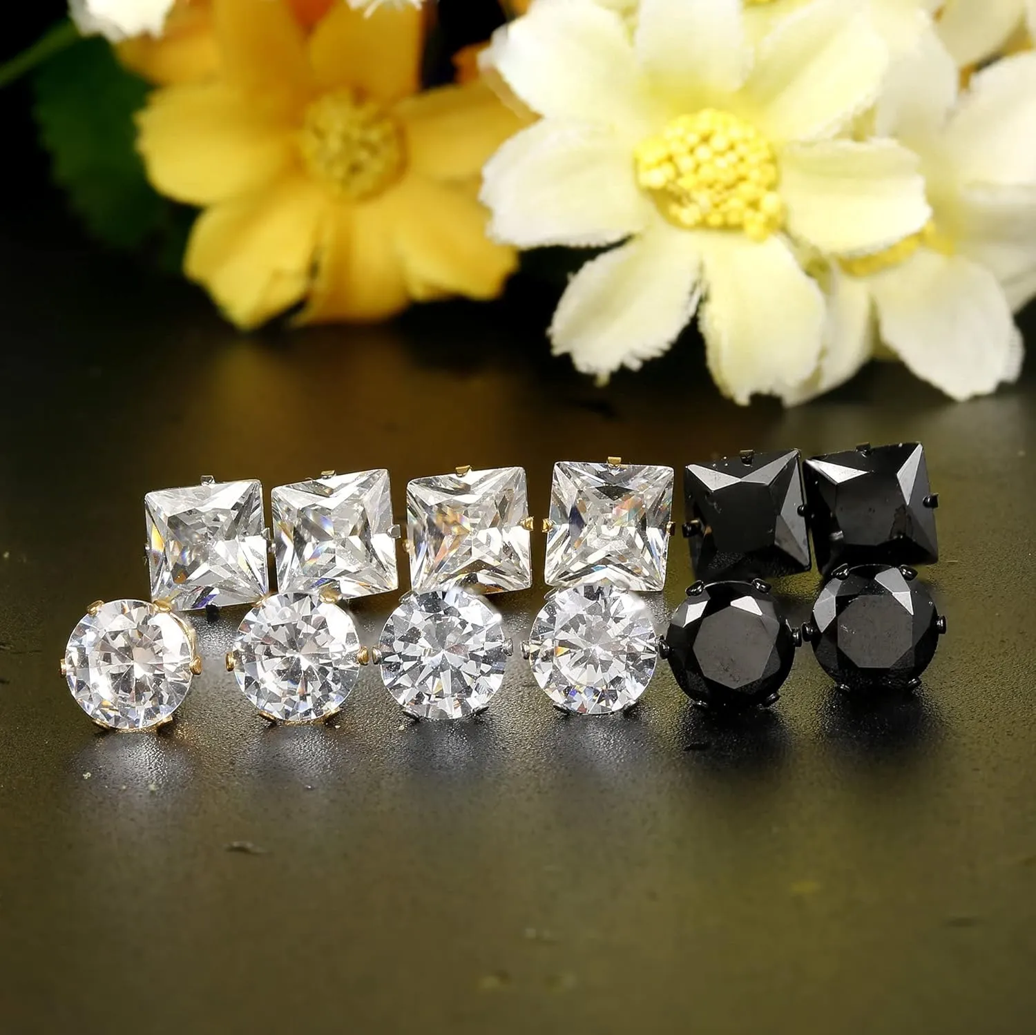 JOERCIA Stainless Steel Stud Earrings Round and Square 4-8MM Inlaid with Cubic Zirconia in Silver, Gold and Black