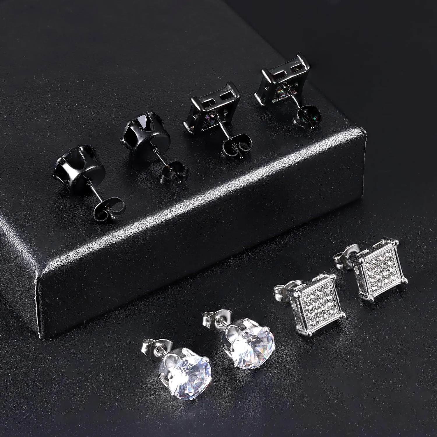 JOERICA 4 Pairs Stainless Steel Stud Earrings for Men Women Silver Black Square Earrings Set Mens Earrings Inlaid Cubic Zirconia 6-10MM