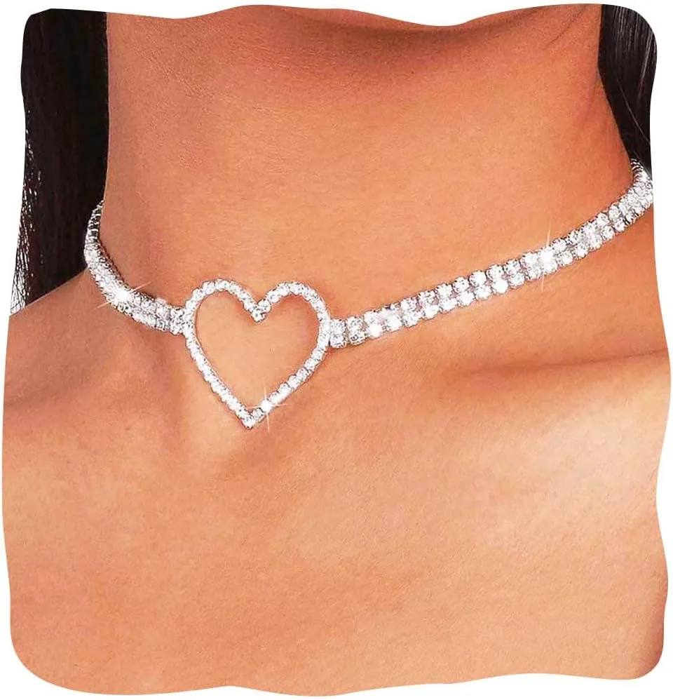 JONKY Rhinestone Choker Necklace Silver Heart Necklaces Butterfly Crystal Chokers Bling Tennis Chain Neck Jewelry for Women