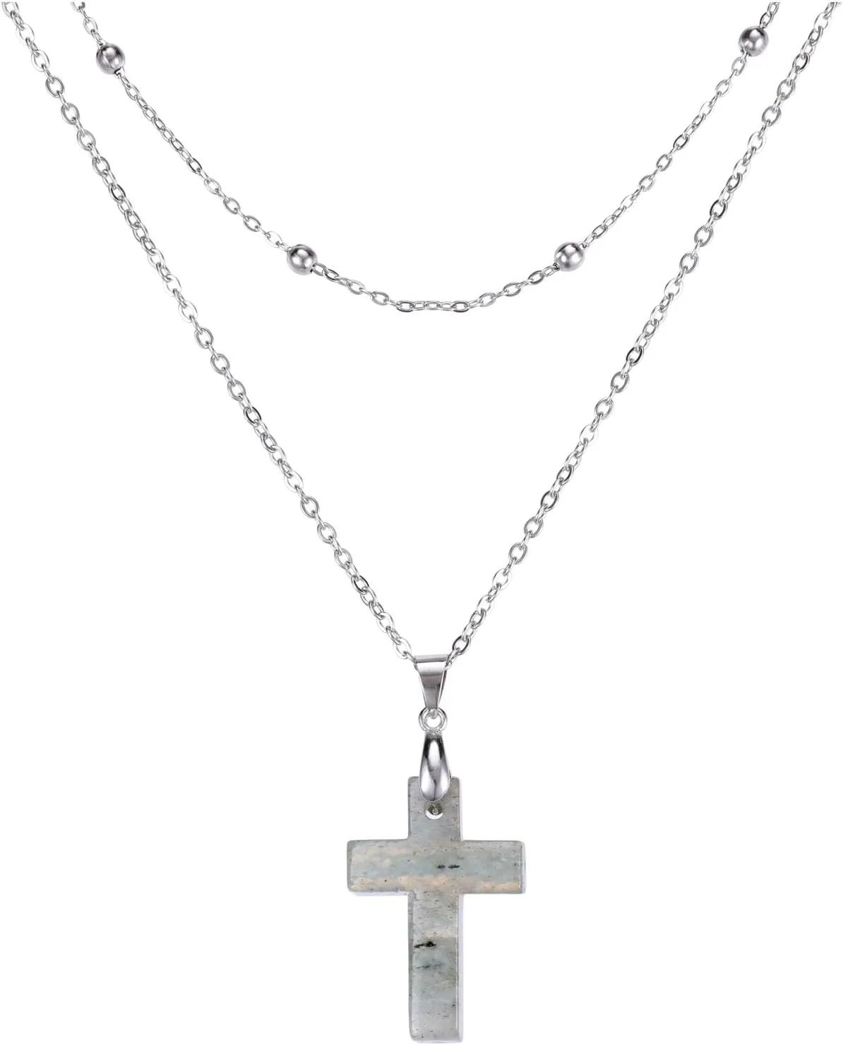 Jovivi Crystal Cross Necklace for Women Natural Healing Crystal Stone Cross Gemstone Pendant Necklace with Adjustable 18" Stainless Steel Layered Chain