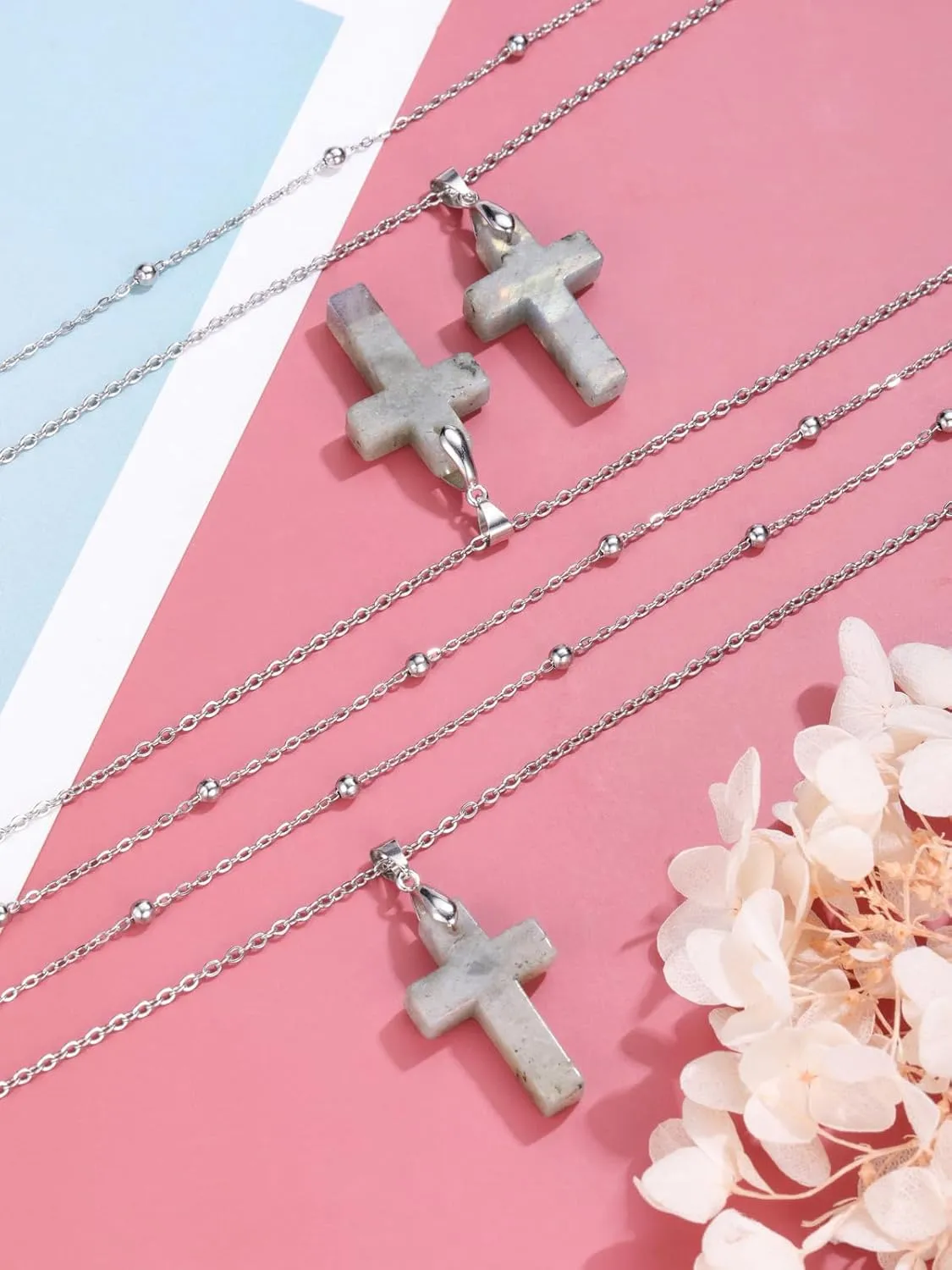 Jovivi Crystal Cross Necklace for Women Natural Healing Crystal Stone Cross Gemstone Pendant Necklace with Adjustable 18" Stainless Steel Layered Chain