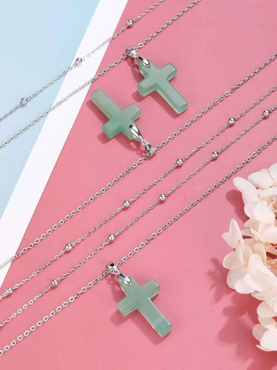 Jovivi Crystal Cross Necklace for Women Natural Healing Crystal Stone Cross Gemstone Pendant Necklace with Adjustable 18" Stainless Steel Layered Chain