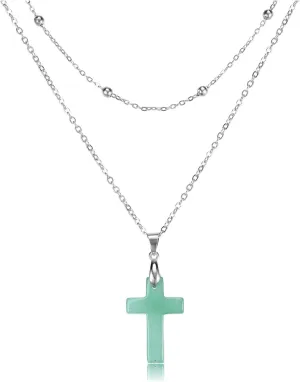 Jovivi Crystal Cross Necklace for Women Natural Healing Crystal Stone Cross Gemstone Pendant Necklace with Adjustable 18" Stainless Steel Layered Chain