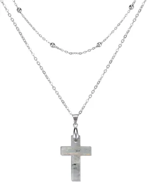 Jovivi Crystal Cross Necklace for Women Natural Healing Crystal Stone Cross Gemstone Pendant Necklace with Adjustable 18" Stainless Steel Layered Chain