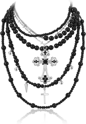 KURTCB Layered Gothic Cross Necklace Goth Grunge Emo Black Chain Beaded Choker Necklace for Women Men