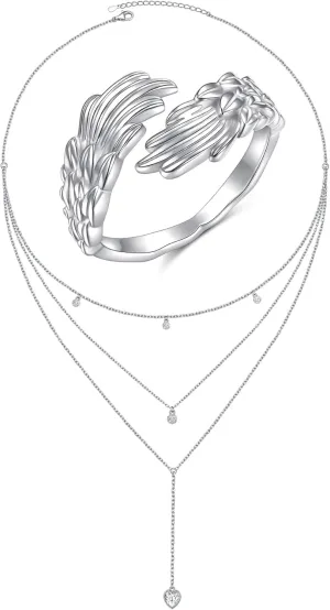 Ladytree Feather Angel Ring Silver Layered Necklace for Women Jewelry Set Ring Size 8