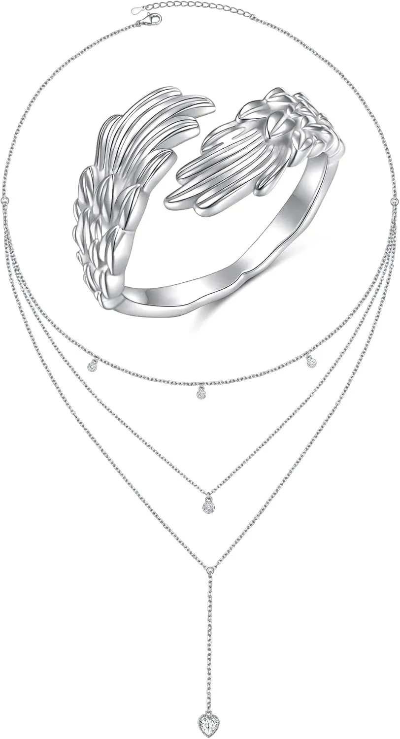 Ladytree Feather Angel Ring Silver Layered Necklace for Women Jewelry Set Ring Size 8