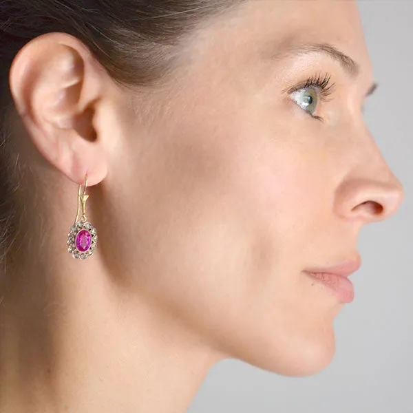 Late Art Deco 14kt & Sterling Diamond "Ruby" Earrings