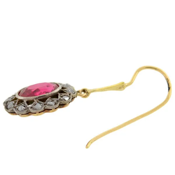 Late Art Deco 14kt & Sterling Diamond "Ruby" Earrings