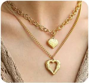 Layered Chunky Heart Pendant Necklace,Charming Plated Gold Hammered Love Pendant Statement Choker,Aesthetic Heart Collarbone Necklace for Women