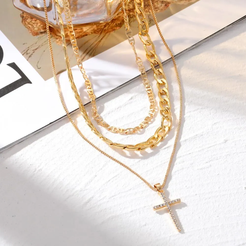 Layered Circle Necklace for Women Gold Stacked Cross Choker Necklace Silver Cuban Paperclip Chain Necklace Cubic Zirconia Cross Pendant Necklace Trendy Multilayer Link Jewelry