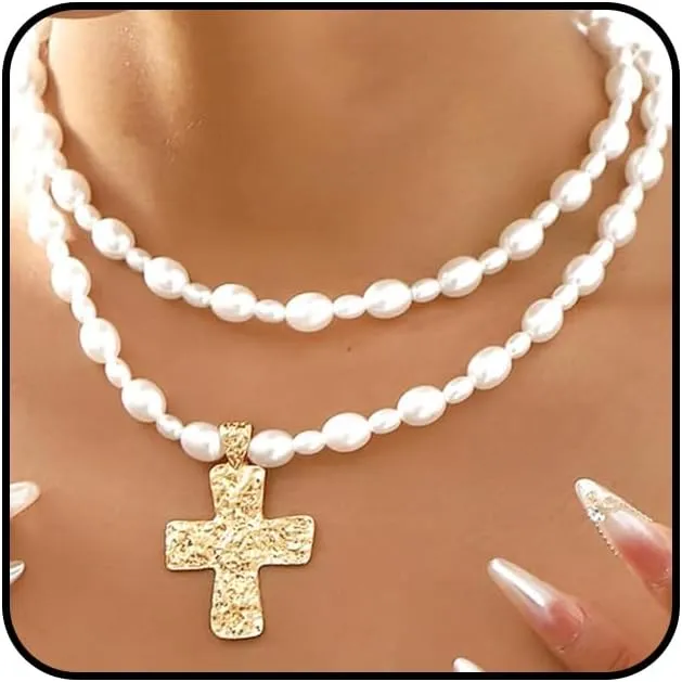 Layered Gold Cross Pearl Pendant Necklace Set for Women Bold Hammered Cross Choker Necklaces Adjustable Beaded Crucifix Necklace Jewelry Accessories