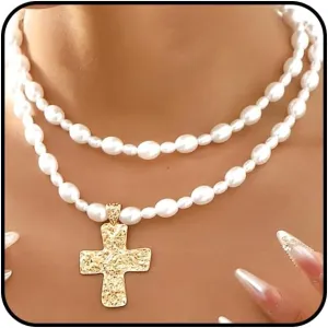 Layered Gold Cross Pearl Pendant Necklace Set for Women Bold Hammered Cross Choker Necklaces Adjustable Beaded Crucifix Necklace Jewelry Accessories