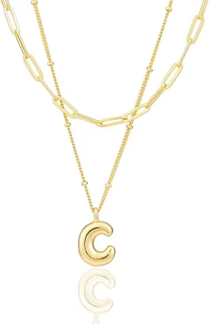 Layered Initial Necklaces for Women Trendy, 18K Gold Plated Bubble Letter A-Z Pendant Necklace Tiny Initial Necklace Personalized Monogram Layered Gold Choker for Women Jewelry