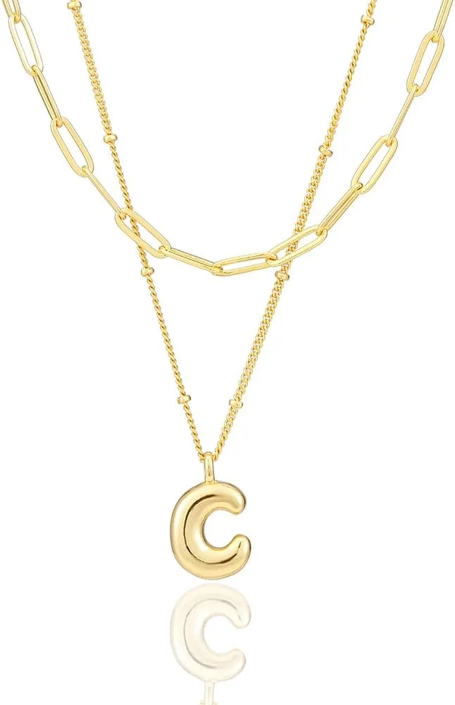 Layered Initial Necklaces for Women Trendy, 18K Gold Plated Bubble Letter A-Z Pendant Necklace Tiny Initial Necklace Personalized Monogram Layered Gold Choker for Women Jewelry