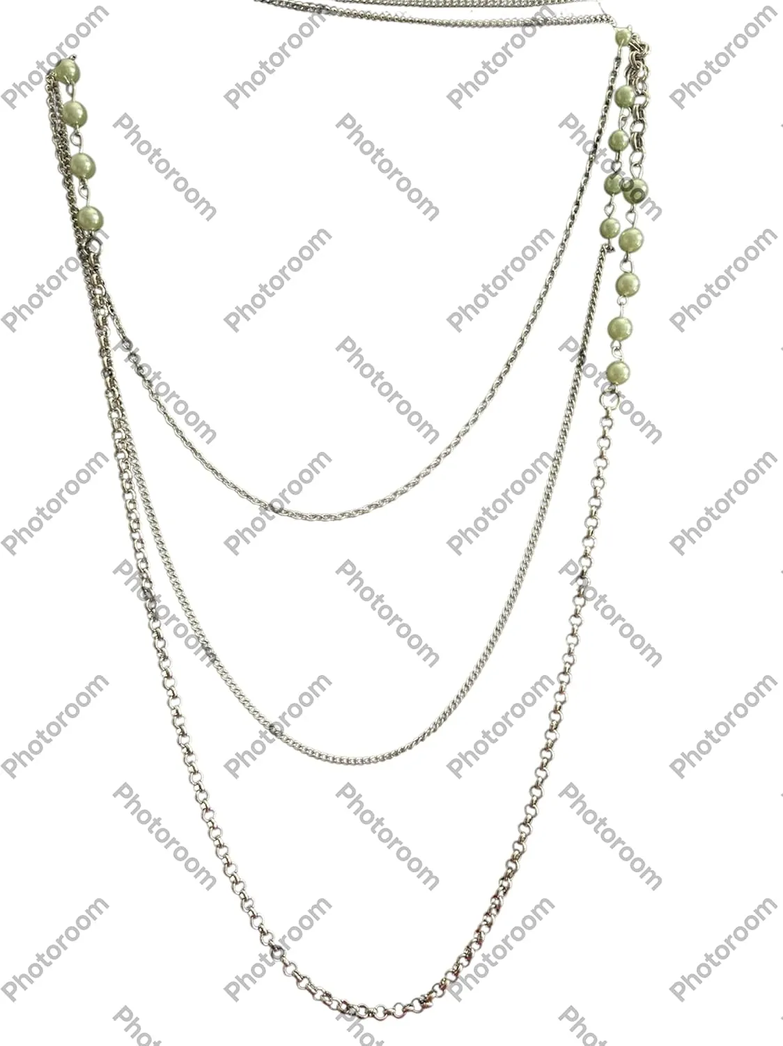 Layered Necklace, Green and Silver, Long Style