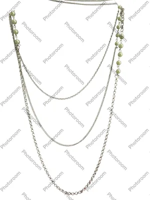 Layered Necklace, Green and Silver, Long Style