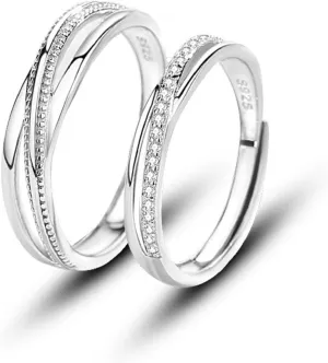Love Connected Couple Rings 925 Sterling Silver Couple Ring Promise Ring for Him and HerCrystal Cubic Zirconia Engagement Wedding Ring Adjustable Ring Set (Women's)