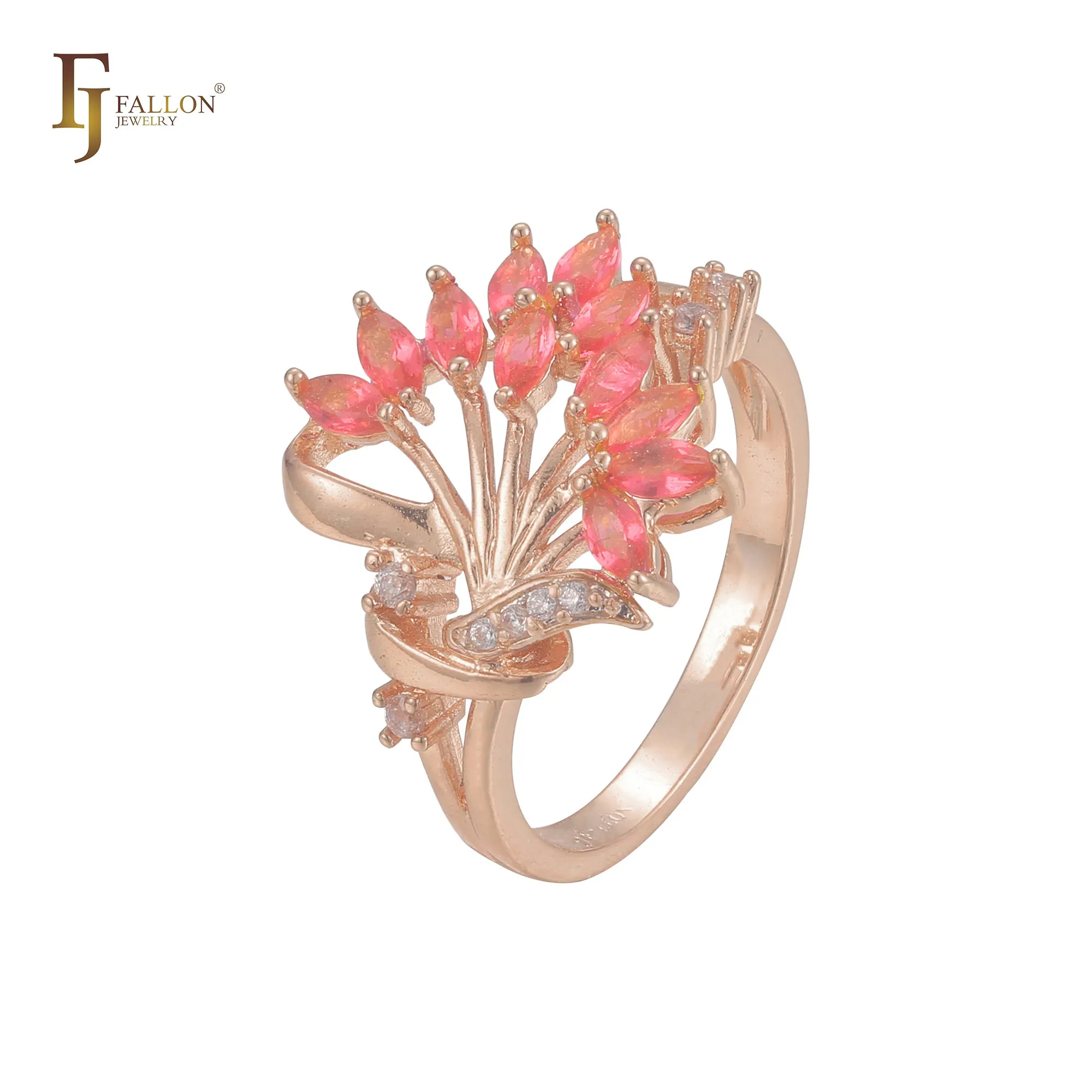 Luxurious blooming flower red CZ Fashion 14K Gold, 18K Gold, Rose Gold Rings
