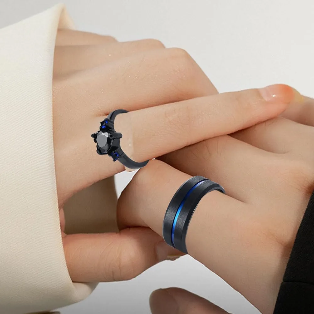 Matching Couple Rings Customizable Promise Rings for Him and Her Stainless Steel Personalized Wedding Rings for Couples Mens Rings Titanium Black Engraved Blue Sapphire Rings for Women,Size 6-13,With Box