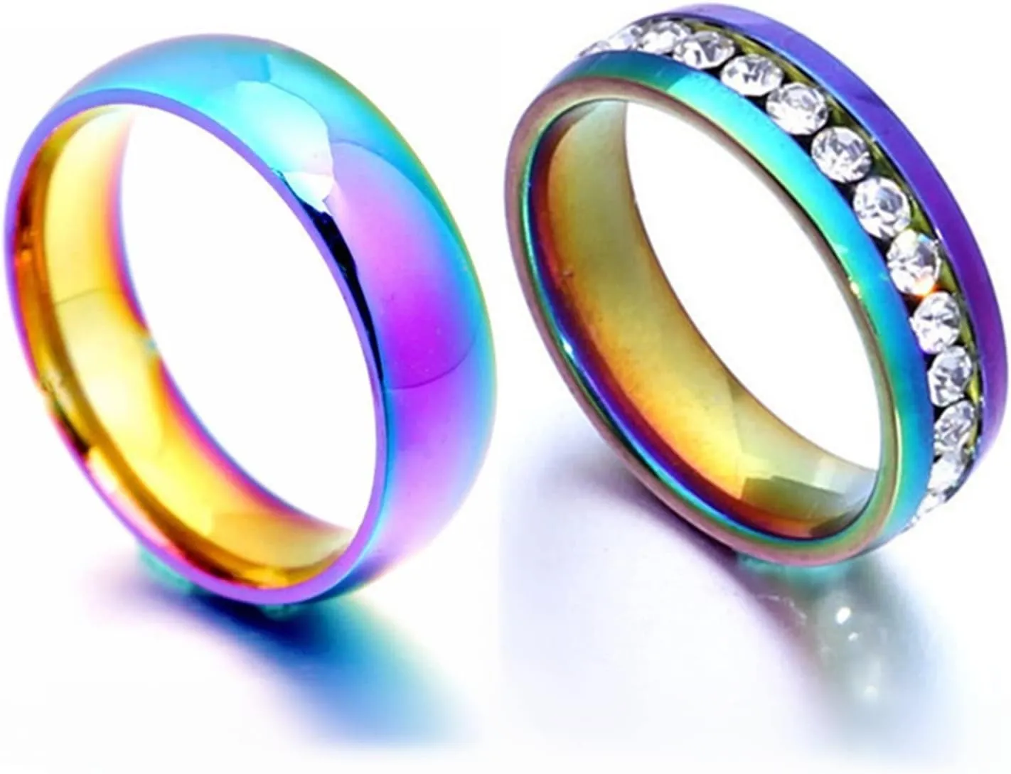 Matching Couple Rings Multicolor Ring Glossy Single Row Zircon, White Zircon Round Stainless Steel Couple Rings