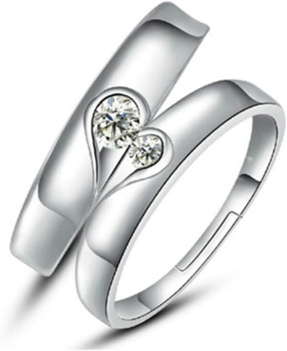 Matching Heart Promise Rings, Silver Anniversary Rings for Couple with Puzzle Heart Shaped Couple Adjustable Band Jewelry Gift