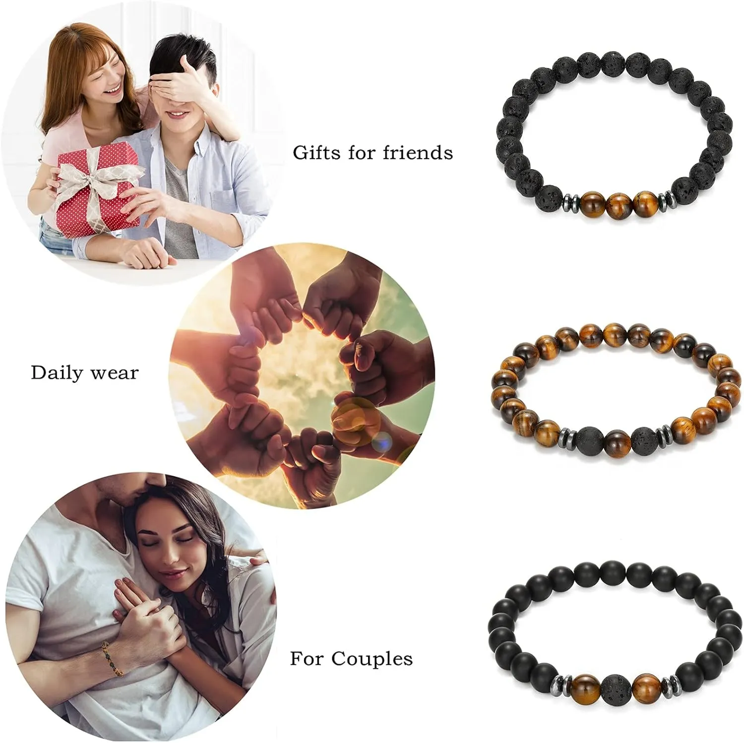 MengPa Mens Beaded Bracelets Couples Matching Bracelet Set Lava Rock Beads for Women Stone Jewelry