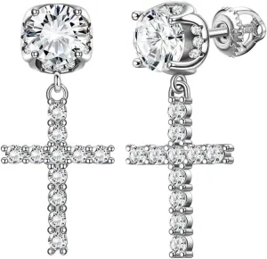 Mens Cross Drop Hanging Sterling Silver Cz Iced Stud Dangle Hoop Earrings