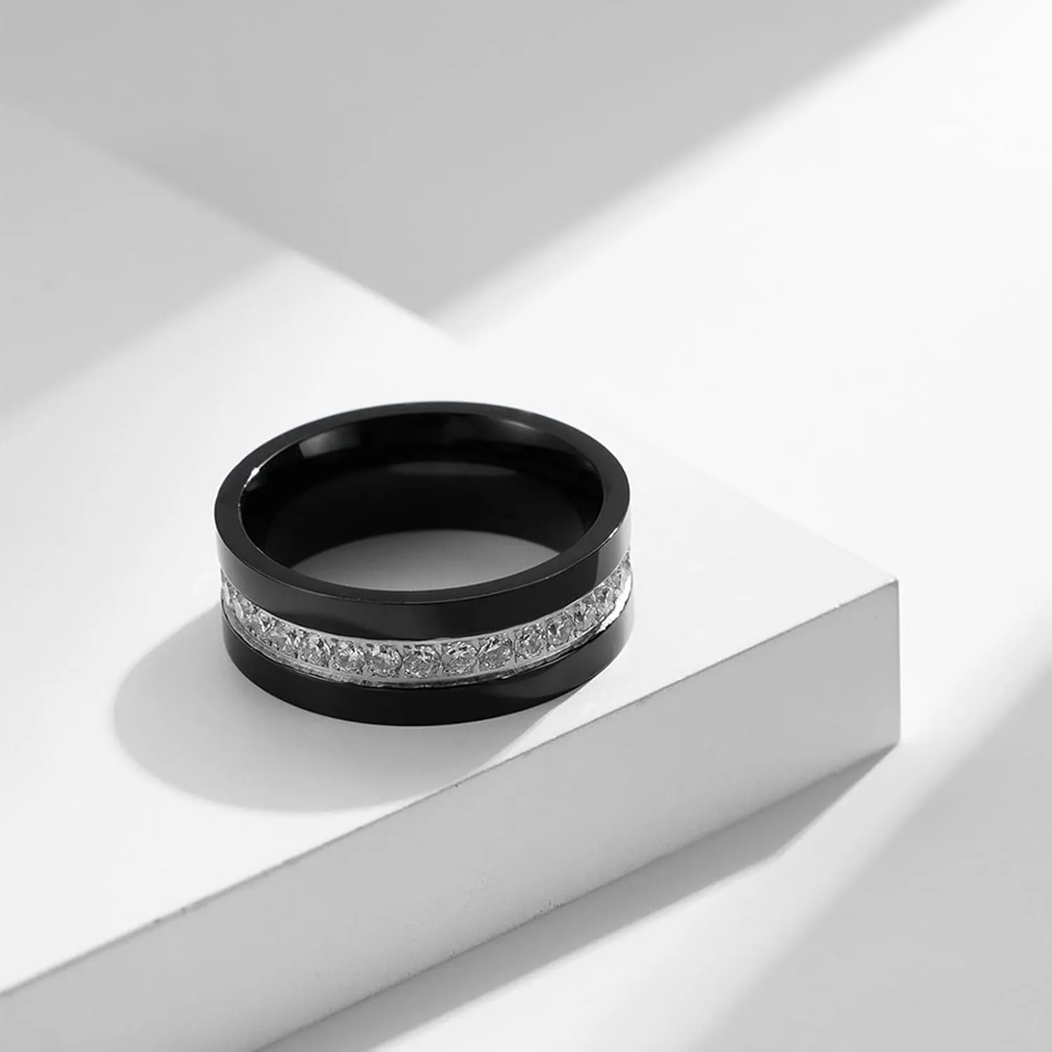 Mens Engagement Rings, Men's Stainless Steel Rings 8mm Black Ring with Zirconia Men's and Women's Fashion Rings