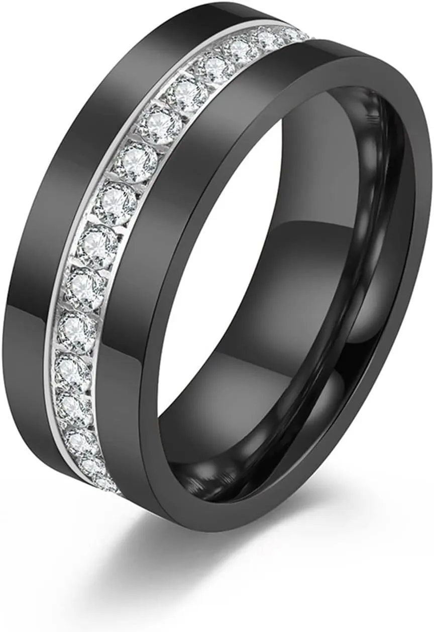 Mens Engagement Rings, Men's Stainless Steel Rings 8mm Black Ring with Zirconia Men's and Women's Fashion Rings