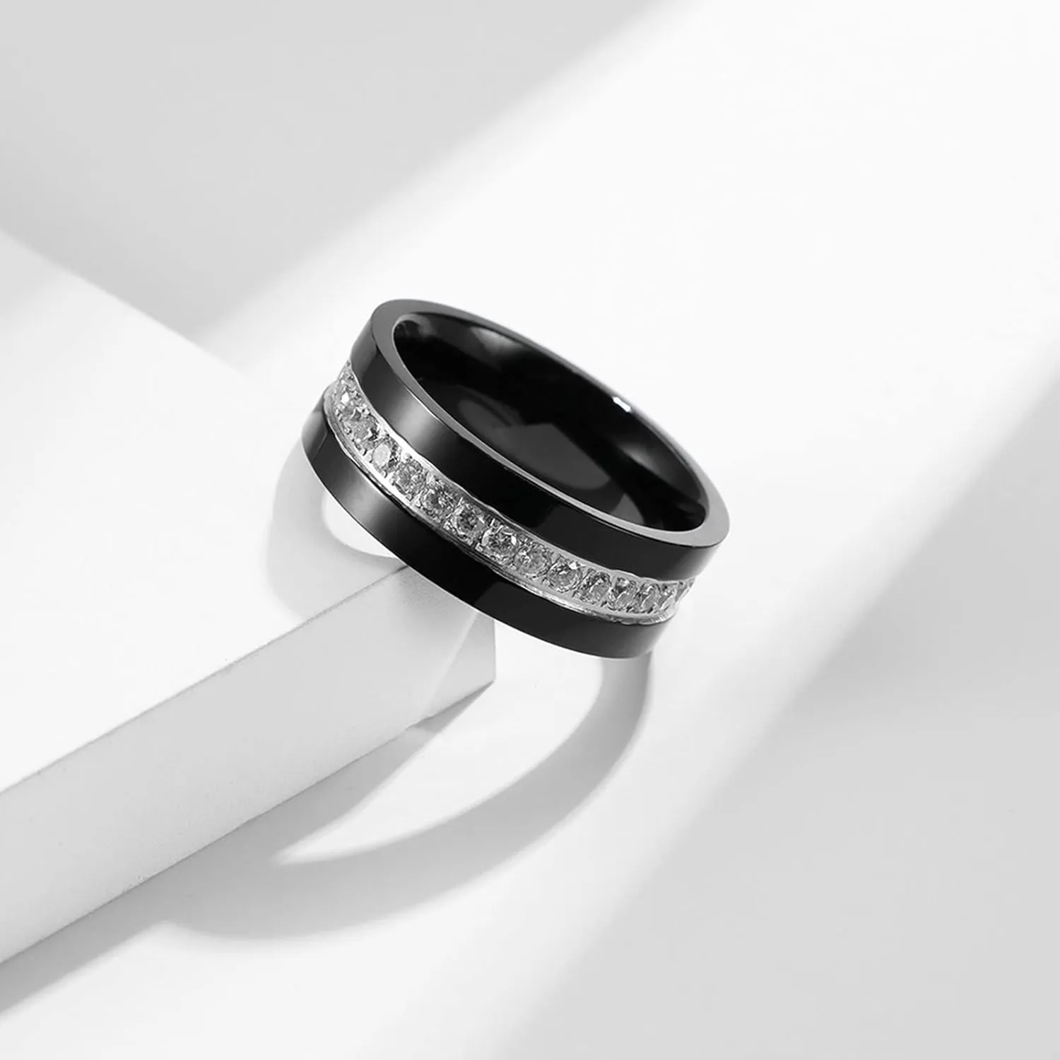 Mens Engagement Rings, Men's Stainless Steel Rings 8mm Black Ring with Zirconia Men's and Women's Fashion Rings