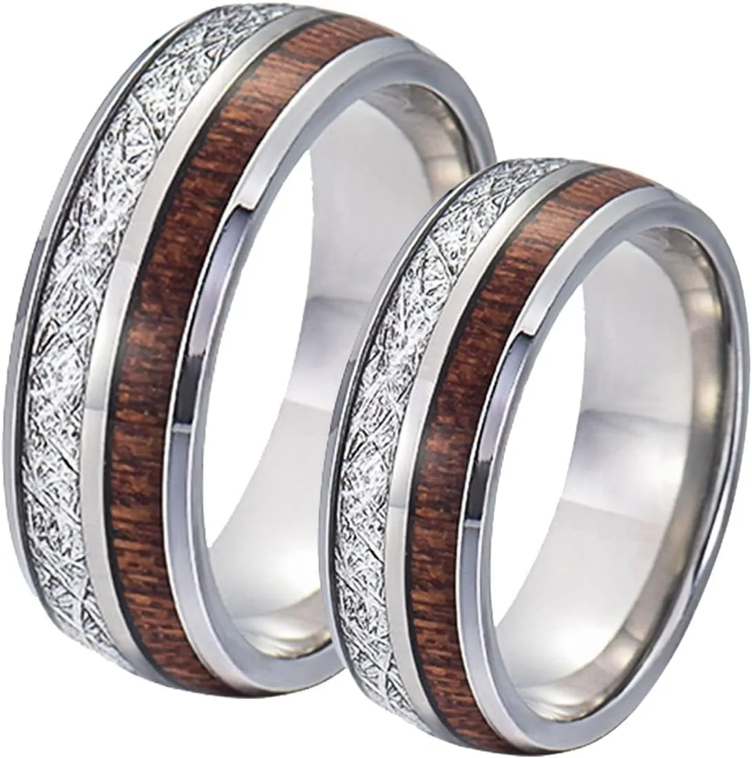Men's Rings Silver, Women Stainless Steel Rings 8mm Silver Ring Inlay Wood and Metal Valentine's Day Couple Rings