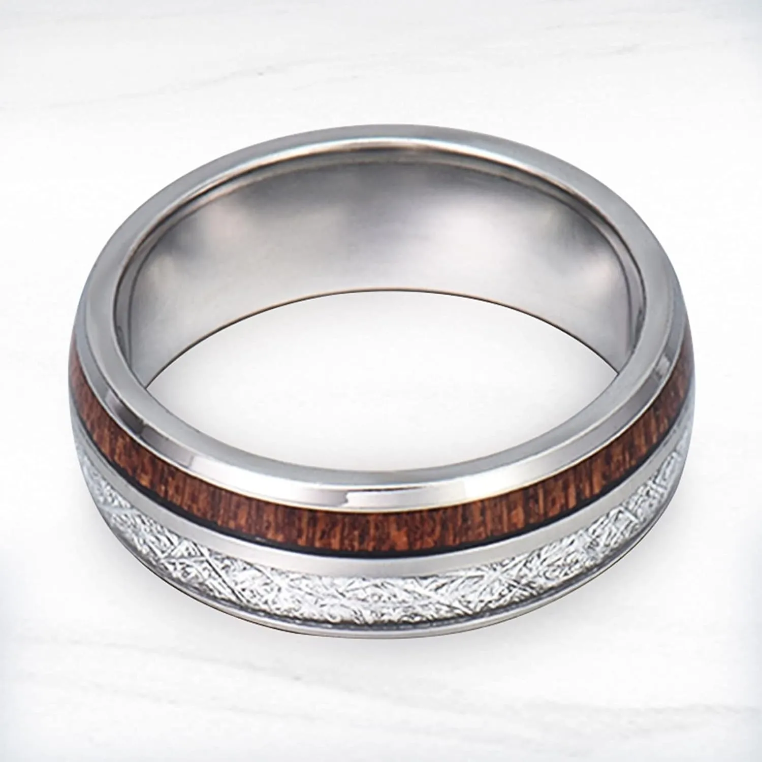 Men's Rings Silver, Women Stainless Steel Rings 8mm Silver Ring Inlay Wood and Metal Valentine's Day Couple Rings