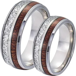 Men's Rings Silver, Women Stainless Steel Rings 8mm Silver Ring Inlay Wood and Metal Valentine's Day Couple Rings