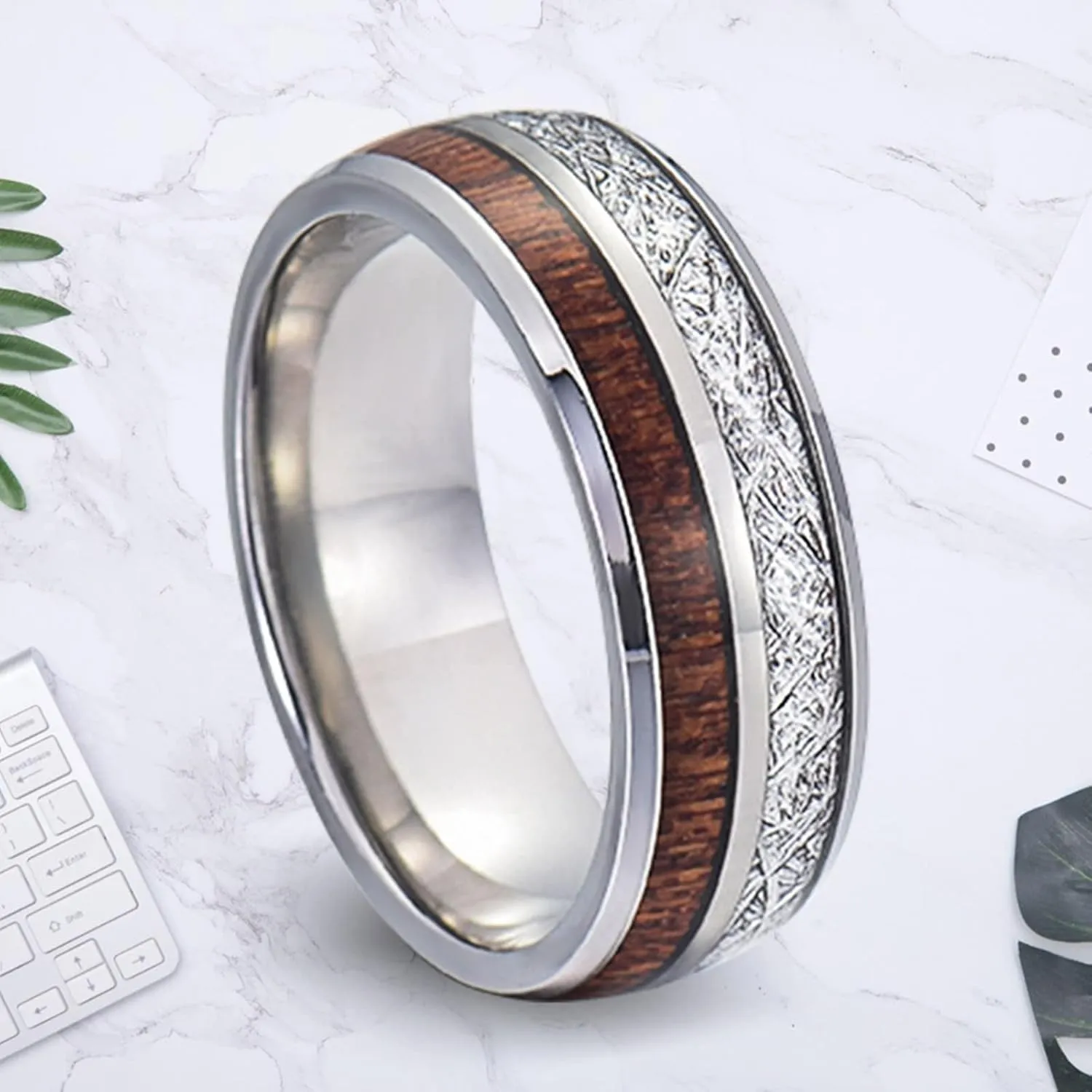 Men's Rings Silver, Women Stainless Steel Rings 8mm Silver Ring Inlay Wood and Metal Valentine's Day Couple Rings