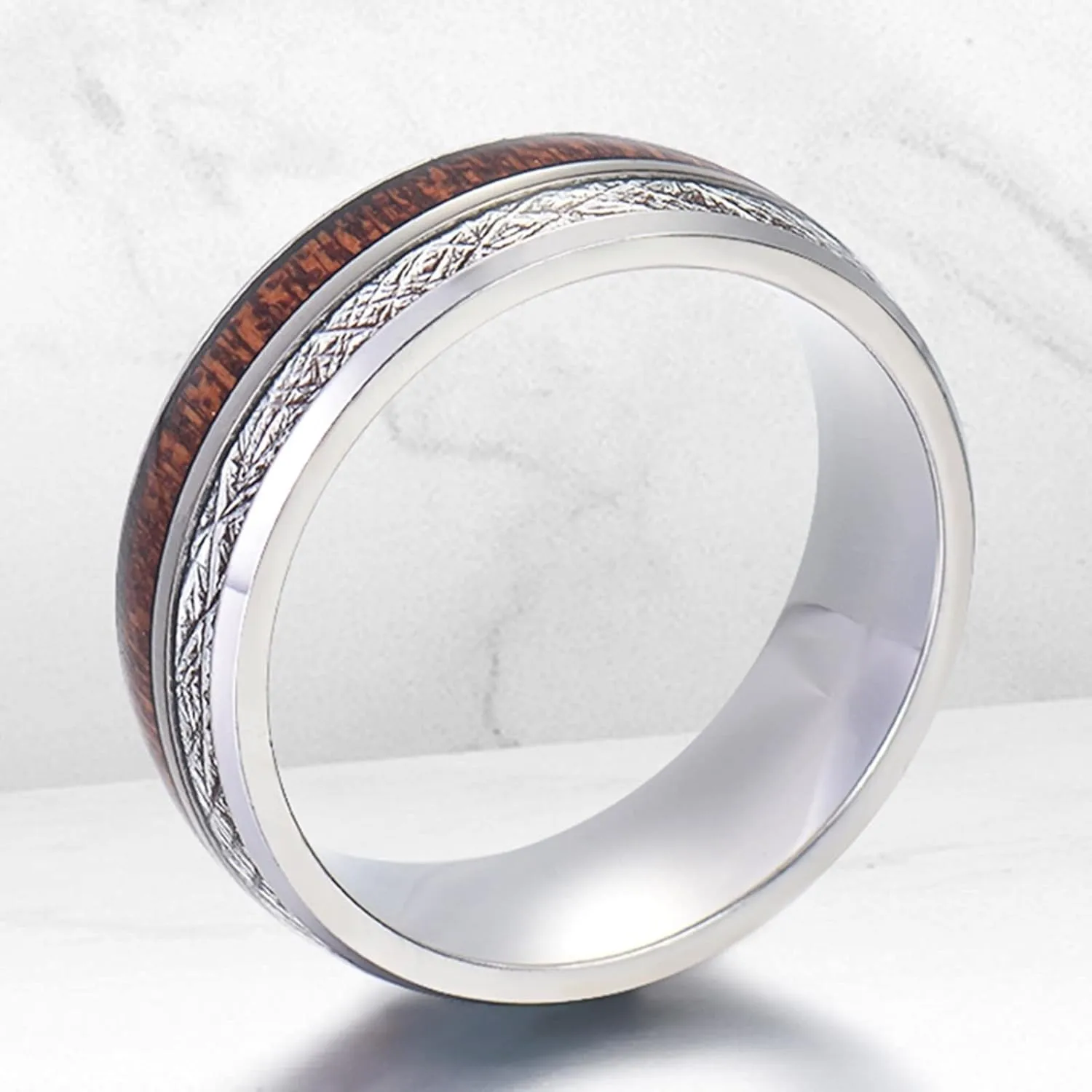Men's Rings Silver, Women Stainless Steel Rings 8mm Silver Ring Inlay Wood and Metal Valentine's Day Couple Rings