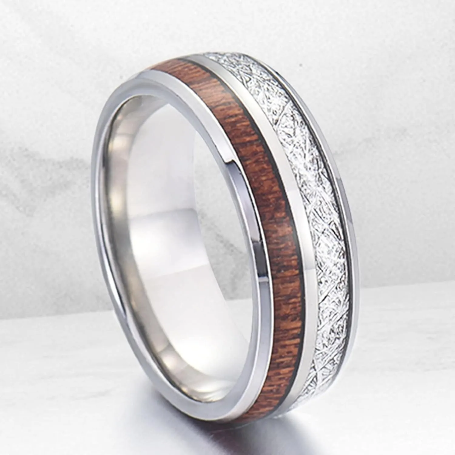Men's Rings Silver, Women Stainless Steel Rings 8mm Silver Ring Inlay Wood and Metal Valentine's Day Couple Rings