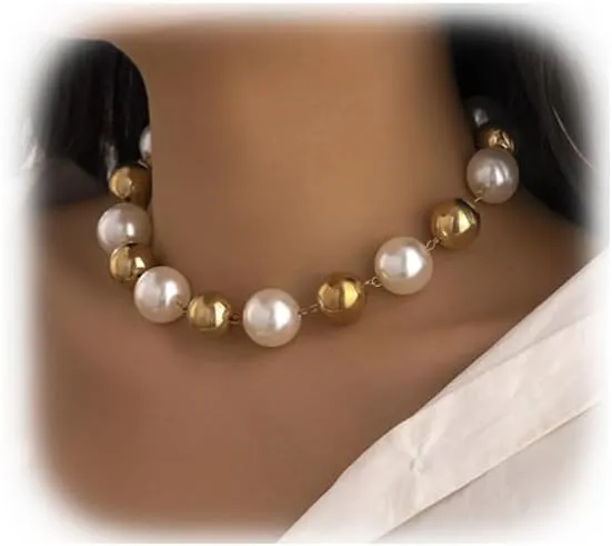 Metal Simple Pearl Choker Necklaces Summer Beach Big Ball Clavicle Chain Necklace Bead Body Jewelry Festival Pearl Collar Body Chain Necklace for Women