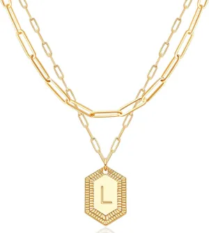 MEVECCO Dainty Gold Initial Necklace for Women 18K Gold Plated Layered Paperclip Link Chain Necklace Personalized Cute Hexagon Letters for Women Everyday Wear Jewelry