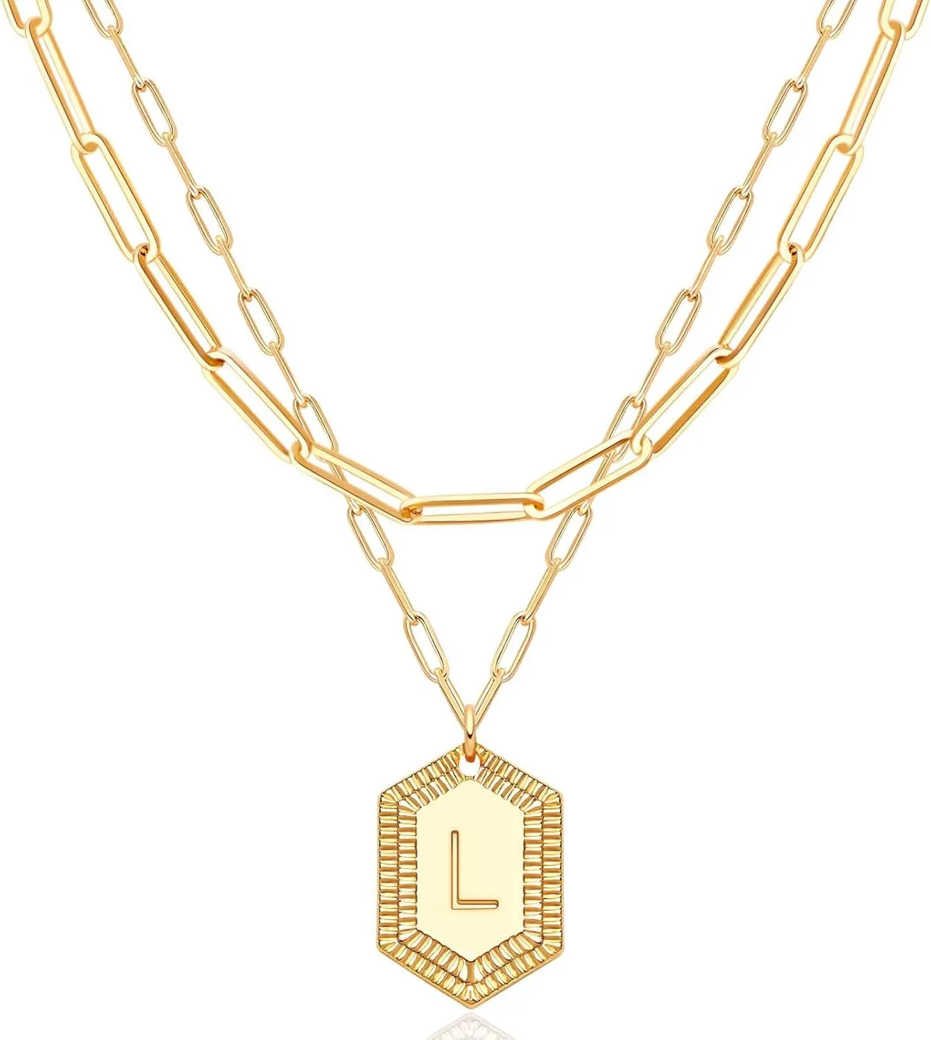 MEVECCO Dainty Gold Initial Necklace for Women 18K Gold Plated Layered Paperclip Link Chain Necklace Personalized Cute Hexagon Letters for Women Everyday Wear Jewelry