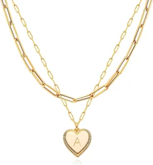 MEVECCO Gold Layered Heart Initial Necklace 18K Gold Plated Alphabet Heart Pendant Necklace Dainty Initial Letter Necklace for Women Minimalist Personalized Jewelry Gift for Her