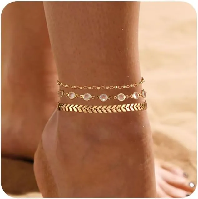 MIDEEO Gold/Silver Ankle Bracelets for Women,14K Gold Anklets for Women Waterproof Cuban Link Heart Beads Herringbone Rhinestone Anklets Set Layered Anklet Bracelets for Women Gold Jewelry Gift