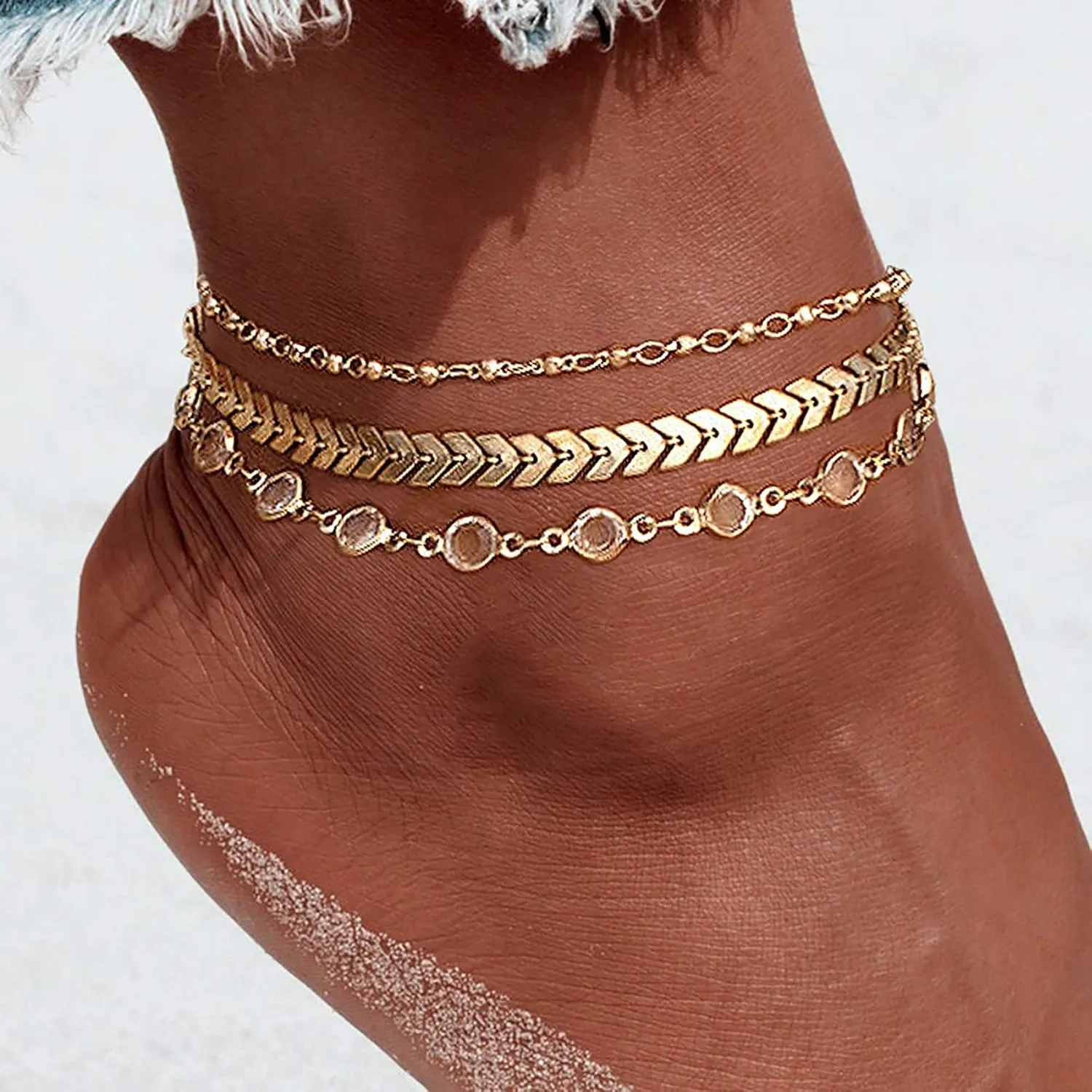 MIDEEO Gold/Silver Ankle Bracelets for Women,14K Gold Anklets for Women Waterproof Cuban Link Heart Beads Herringbone Rhinestone Anklets Set Layered Anklet Bracelets for Women Gold Jewelry Gift