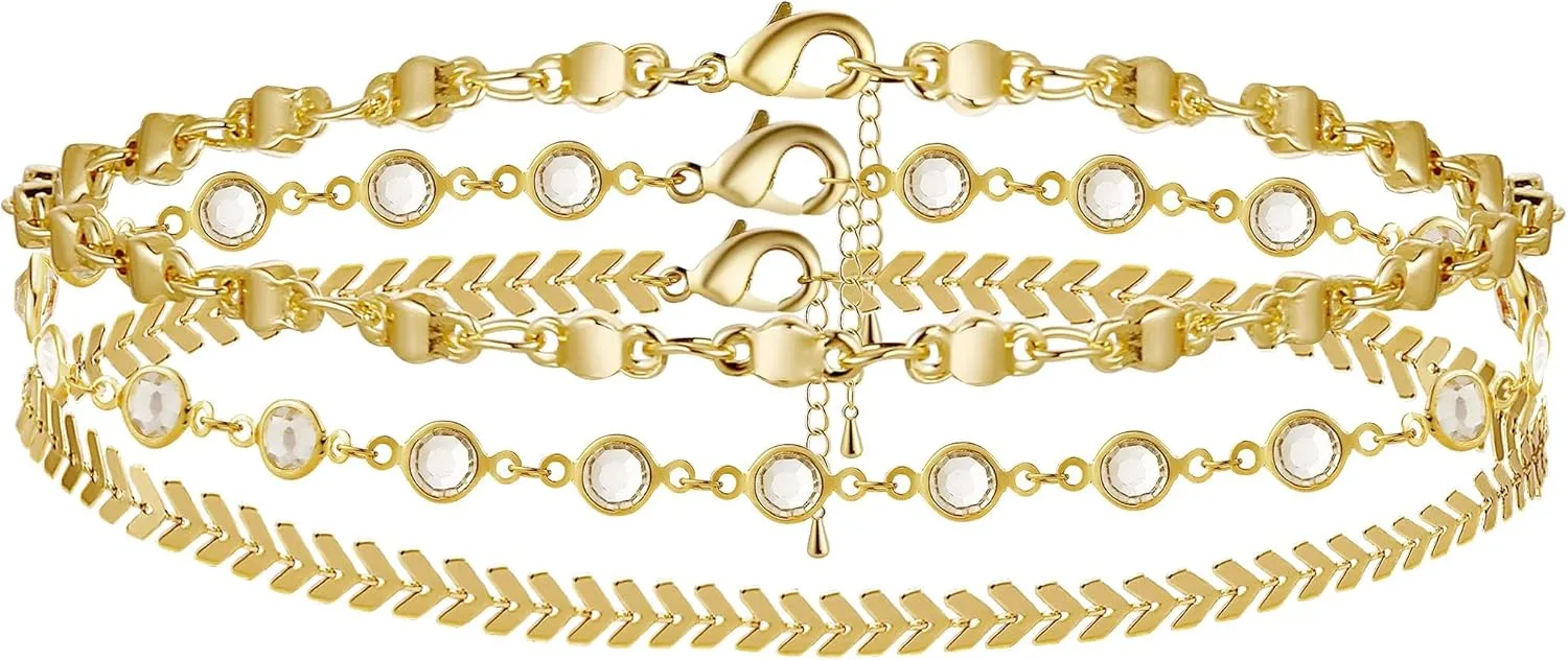 MIDEEO Gold/Silver Ankle Bracelets for Women,14K Gold Anklets for Women Waterproof Cuban Link Heart Beads Herringbone Rhinestone Anklets Set Layered Anklet Bracelets for Women Gold Jewelry Gift