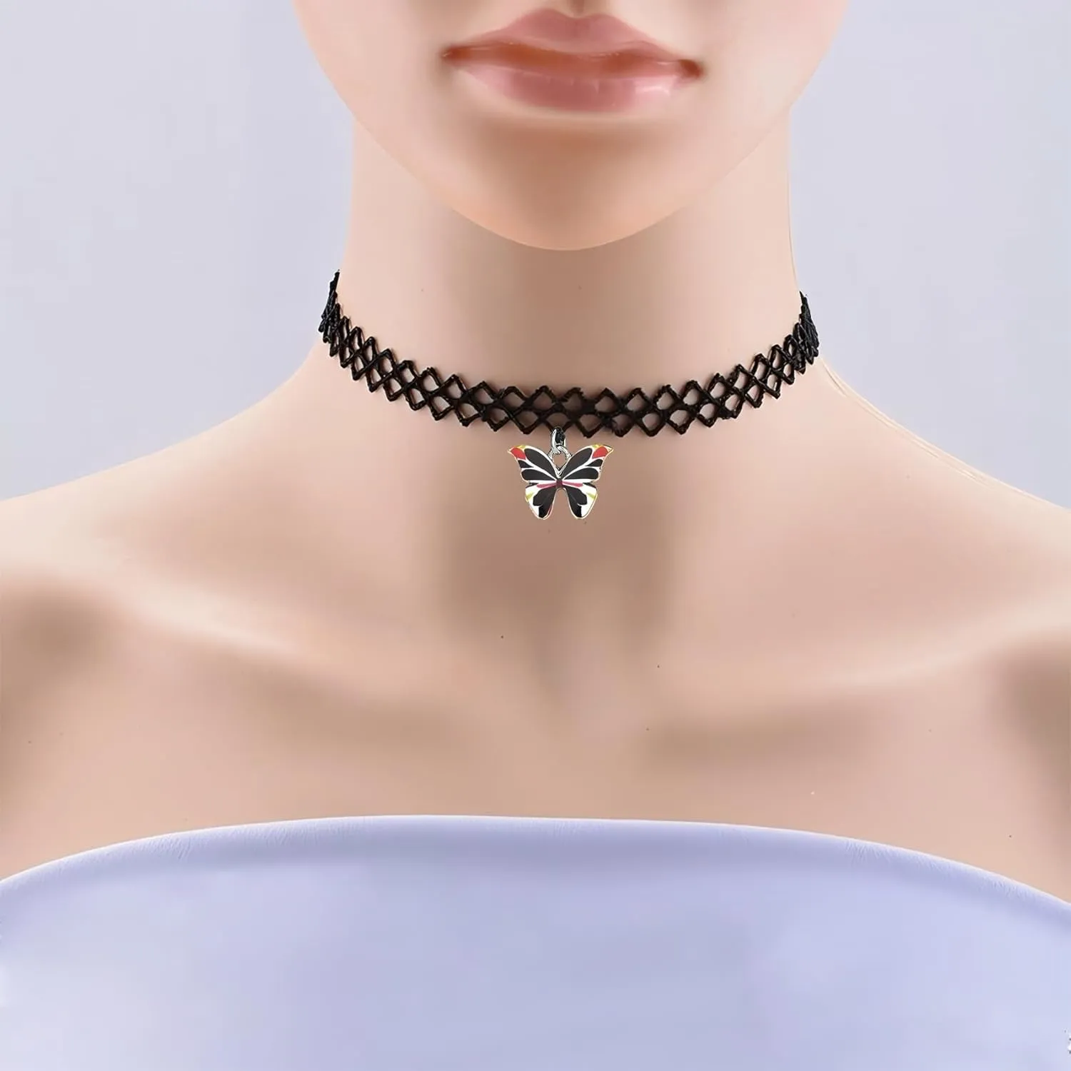 MIFYNN Black Lace Choker Necklace for Women Boho Colourful Butterfly Choker Purple Pink Butterfly Charm Necklace Stretch Lace Pendant Necklace 80s 90s Jewelry Gift