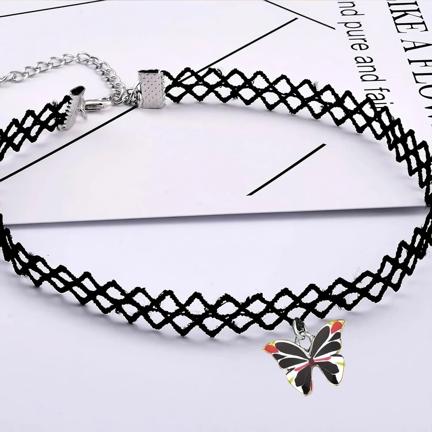 MIFYNN Black Lace Choker Necklace for Women Boho Colourful Butterfly Choker Purple Pink Butterfly Charm Necklace Stretch Lace Pendant Necklace 80s 90s Jewelry Gift