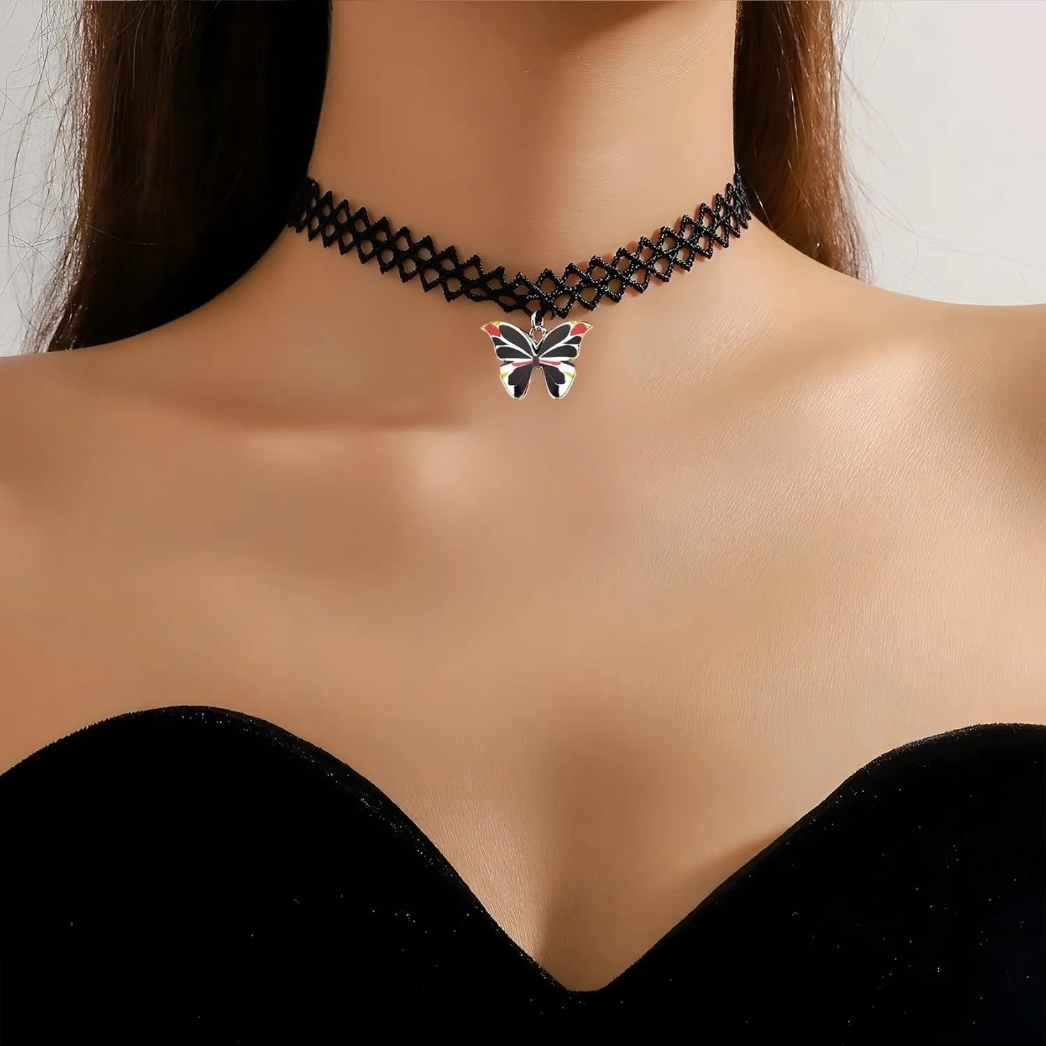 MIFYNN Black Lace Choker Necklace for Women Boho Colourful Butterfly Choker Purple Pink Butterfly Charm Necklace Stretch Lace Pendant Necklace 80s 90s Jewelry Gift