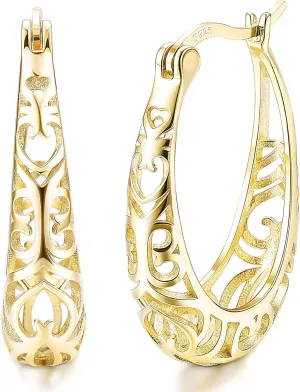 Milacolato 925 Sterling Silver Hoop Earrings for Women 18K White Gold Plated Textured Filigree Oval Hoop Earrings Lightweight & Hypoallergenic Vintage Hoop Earrings