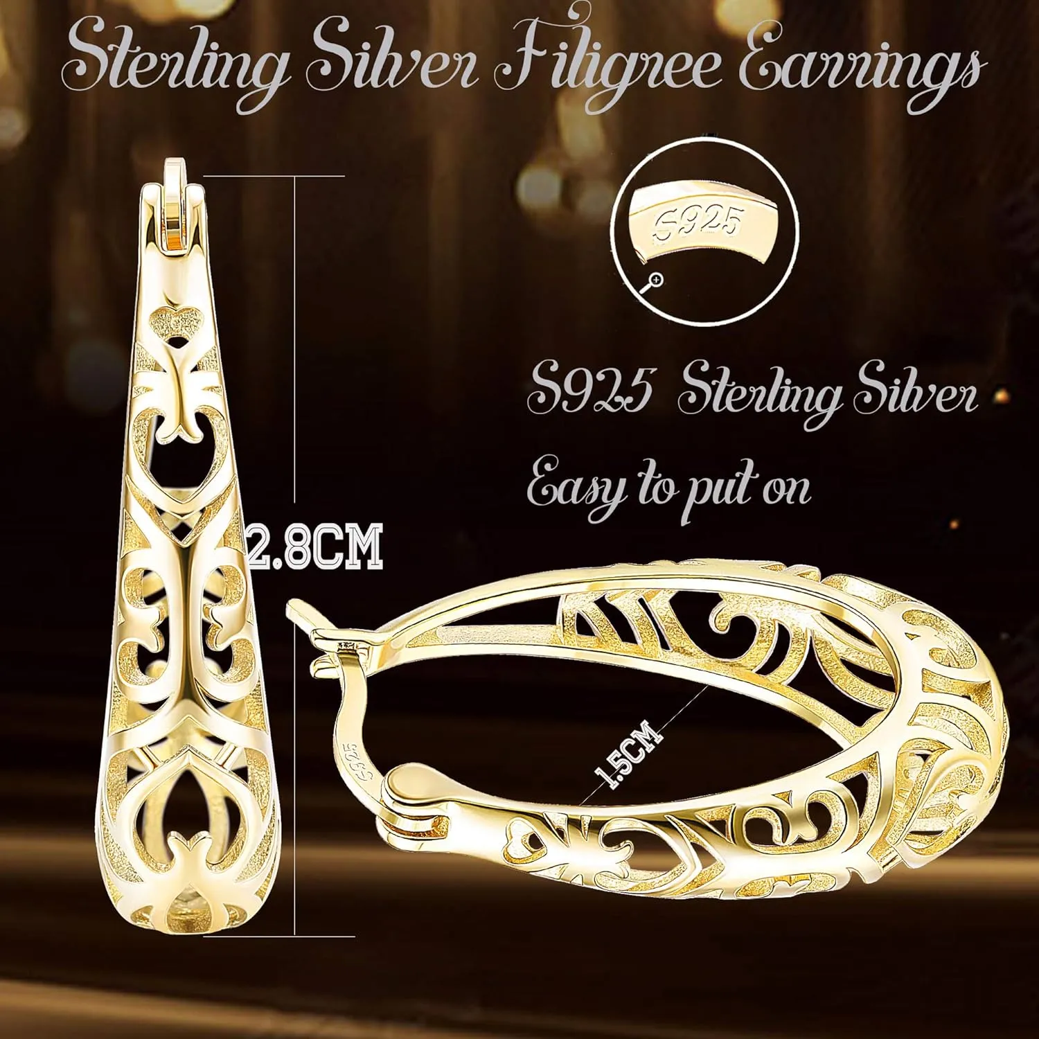 Milacolato 925 Sterling Silver Hoop Earrings for Women 18K White Gold Plated Textured Filigree Oval Hoop Earrings Lightweight & Hypoallergenic Vintage Hoop Earrings