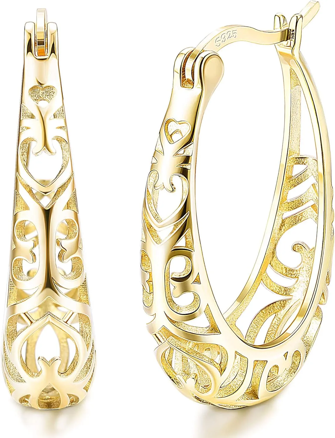 Milacolato 925 Sterling Silver Hoop Earrings for Women 18K White Gold Plated Textured Filigree Oval Hoop Earrings Lightweight & Hypoallergenic Vintage Hoop Earrings